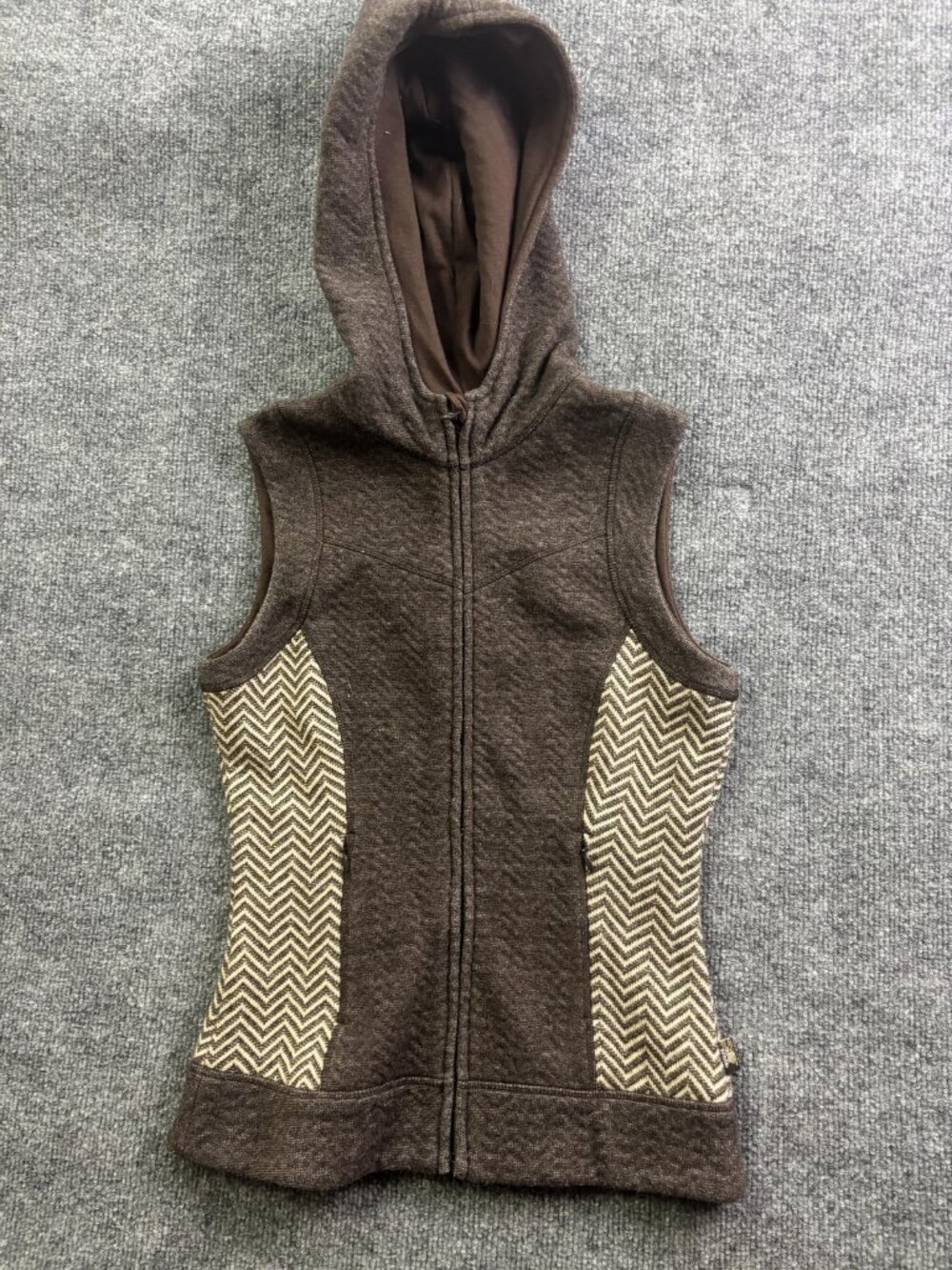 PrAna Vest Womens XS Brown Wool Hooded Full Zip Chevron Knit Pockets Outdoor